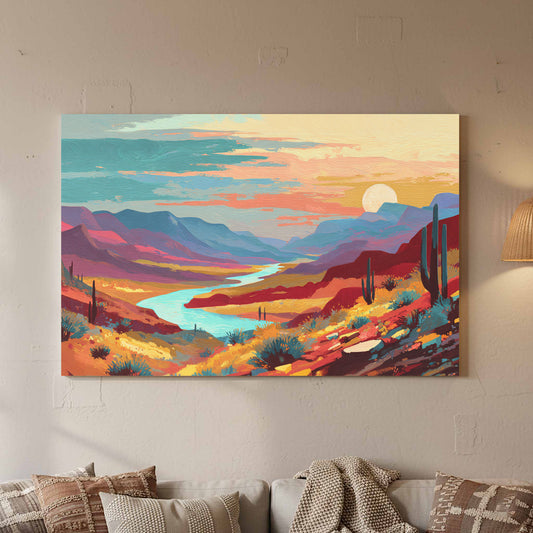 Desert Valley Sunset Wall Art – canvas print shown framed in a styled room