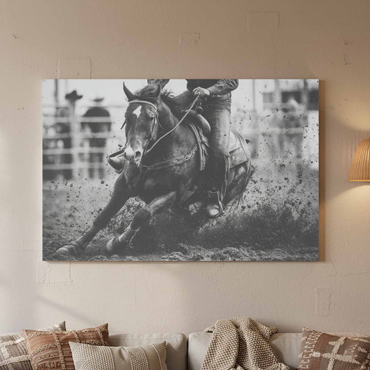 Western Horse Rider Canvas Wall Art – canvas print shown framed in a styled room