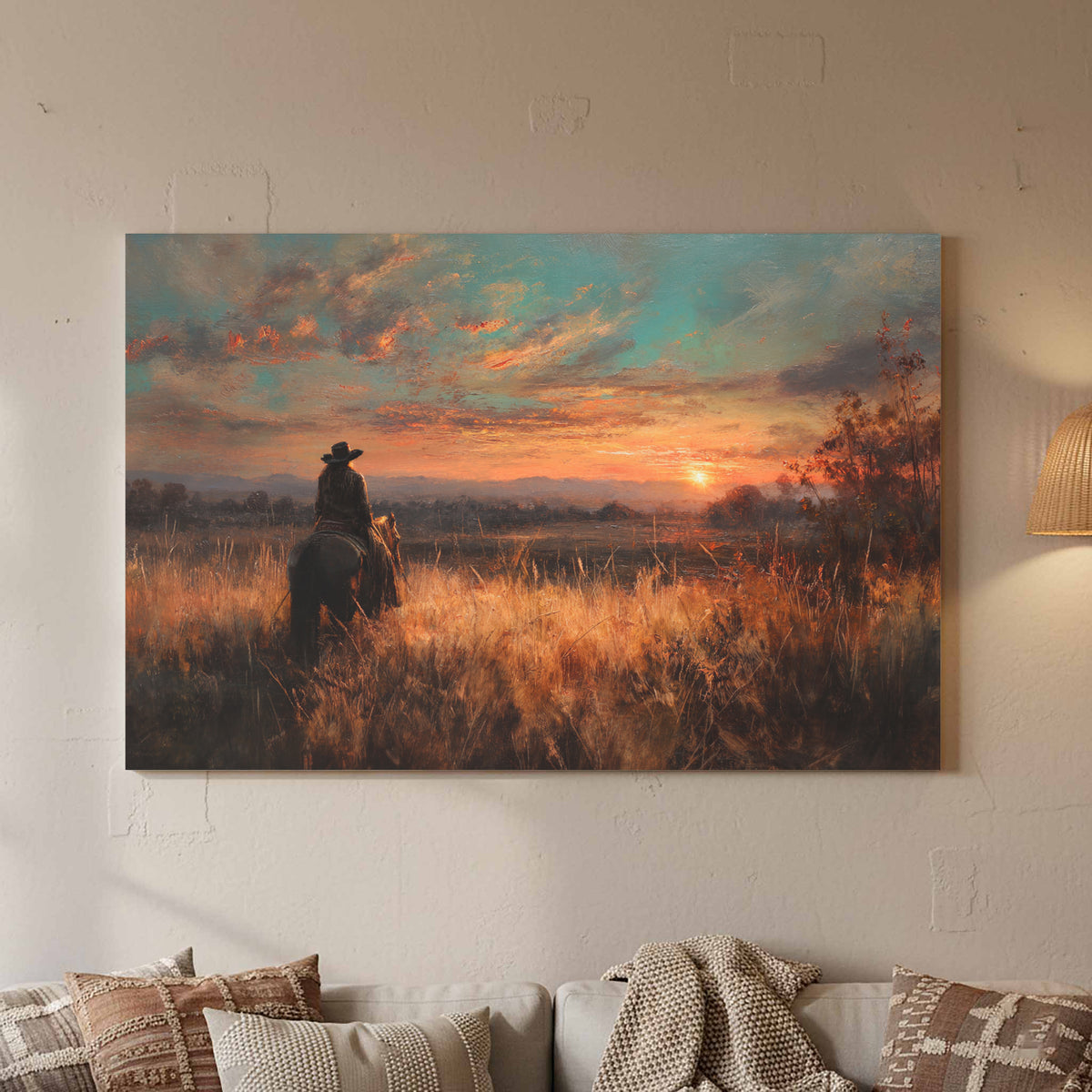 Western Cowboy Sunset Canvas Wall Art – styled room view 2