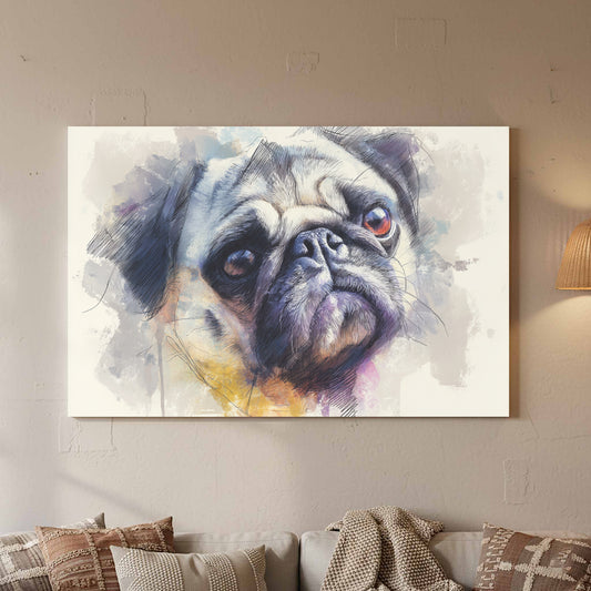 Pug Portrait Canvas Print – canvas print shown framed in a styled room