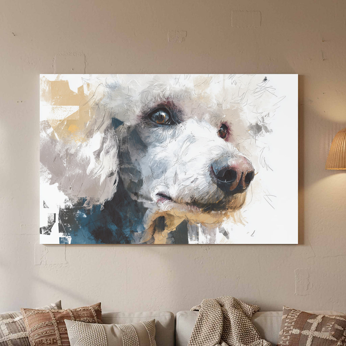 Stylized Poodle Canvas Wall Art – styled room view 2