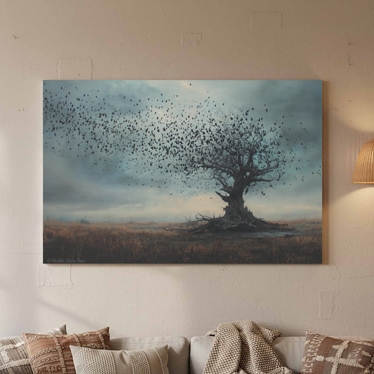 Crow Flock Canvas Wall Art – canvas print shown framed in a styled room