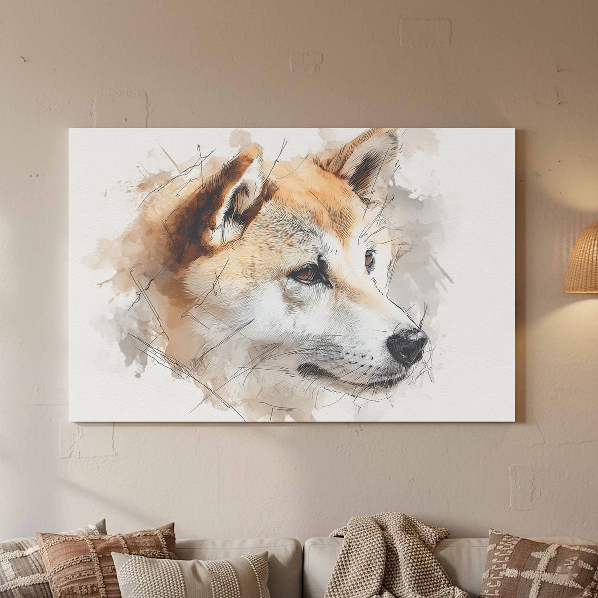 Shiba Inu Watercolor Canvas Print – canvas print shown framed in a styled room