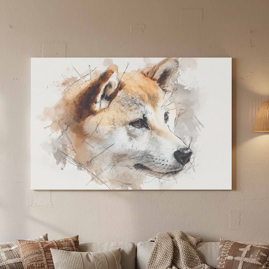 Shiba Inu Watercolor Canvas Print – canvas print shown framed in a styled room