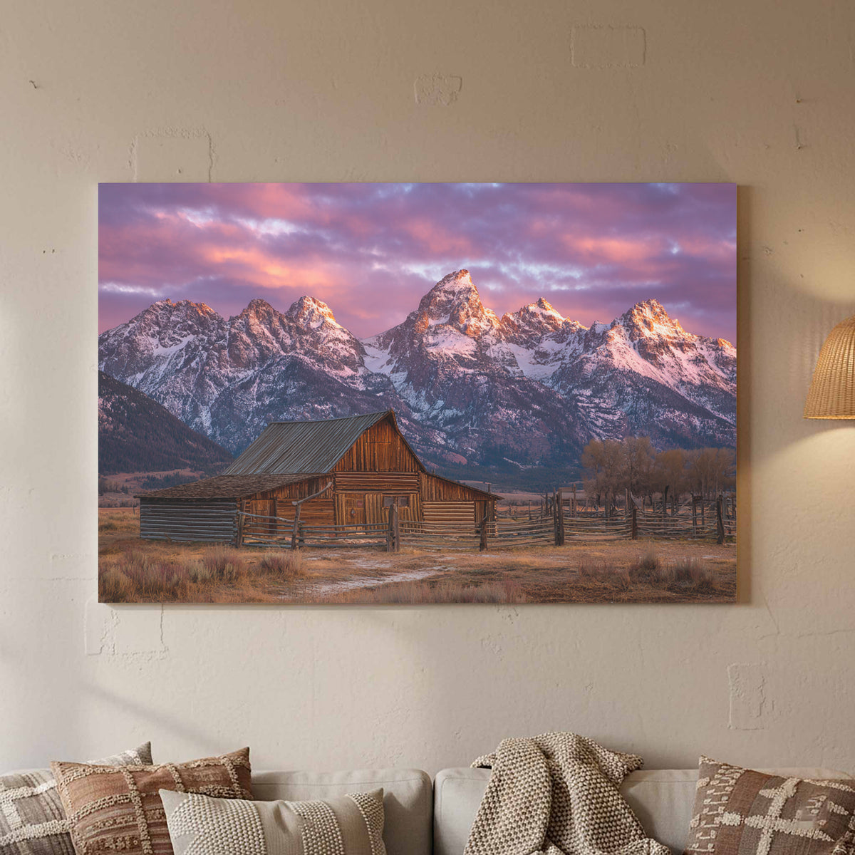 Rustic Mountain Barn Canvas Wall Art – styled room view 2