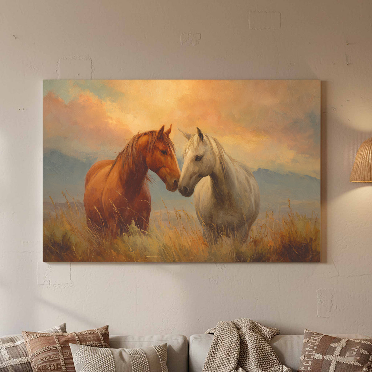 Romantic Horse Canvas Wall Art – canvas print shown framed in a styled room