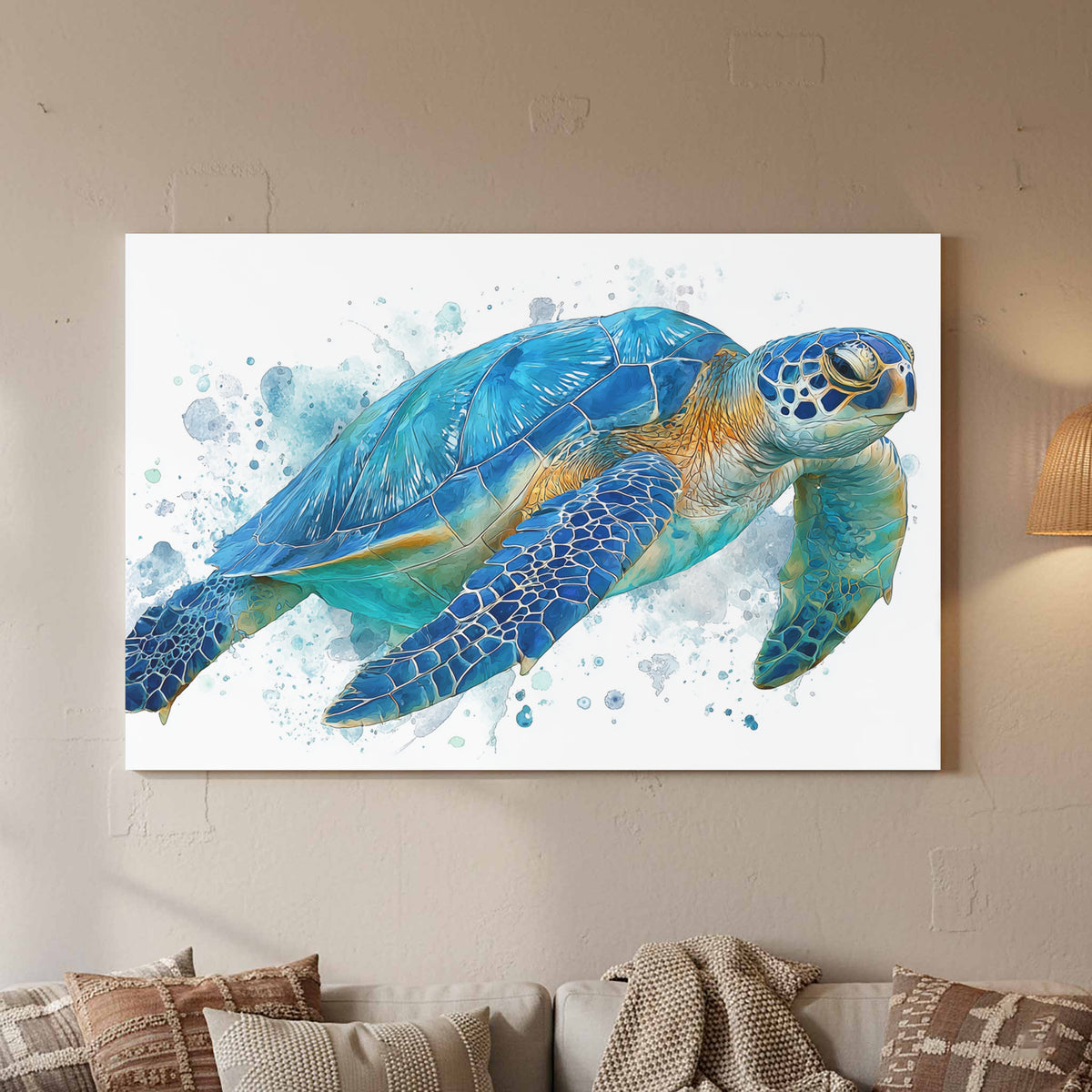 Blue Sea Turtle Watercolor Canvas Print – styled room view 2