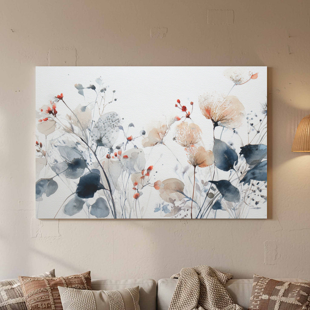 Abstract Watercolor Floral Wall Art – styled room view 2