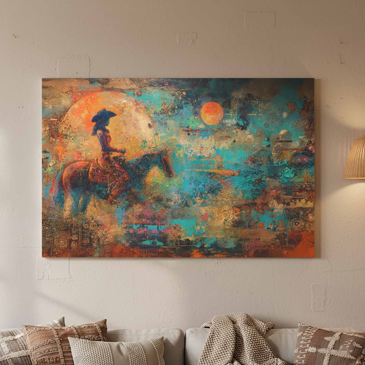 Western Cowgirl Witch Abstract Canvas Art – styled room view 4