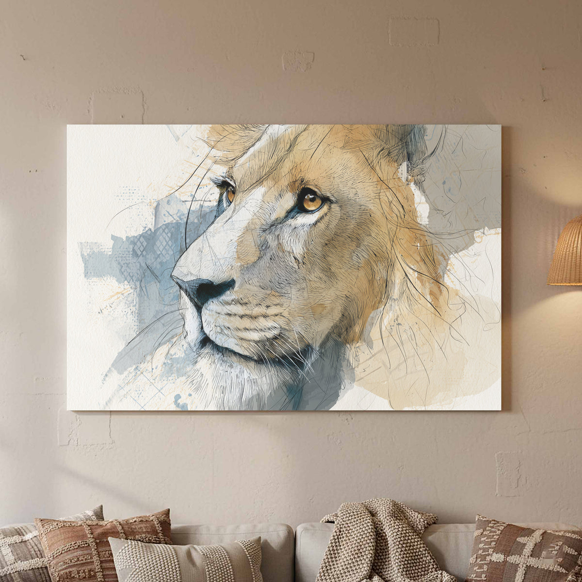 Lion Portrait Canvas Wall Art – canvas print shown framed in a styled room