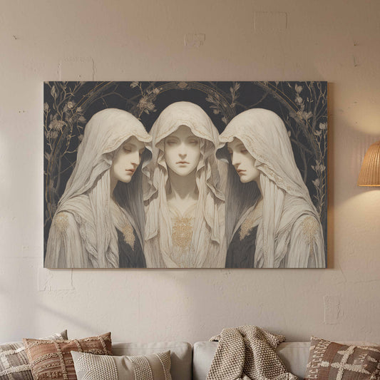 Gothic Veiled Women Wall Art – canvas print shown framed in a styled room