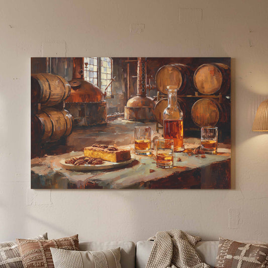 Bourbon Distillery Canvas Wall Art – canvas print shown framed in a styled room