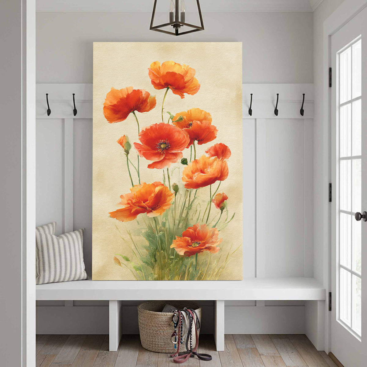 Red Poppy Watercolor Canvas Art – styled room view 3