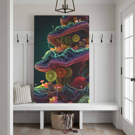 Psychedelic Mushroom Canvas Wall Art – canvas print shown framed in a styled room