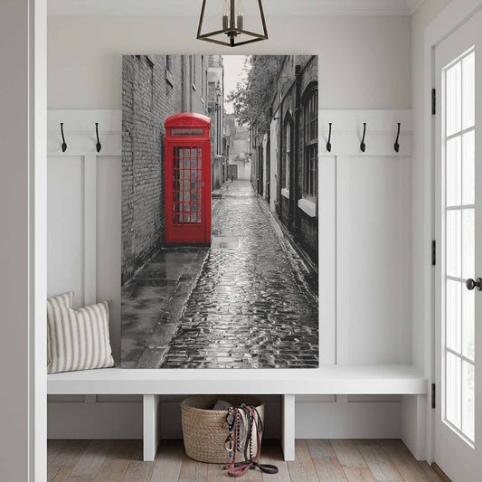 Red Phone Booth London Street Art Canvas Print – canvas print shown framed in a styled room