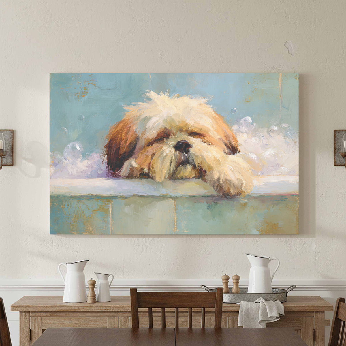Relaxing Shih Tzu Bath Wall Art – styled room view 2