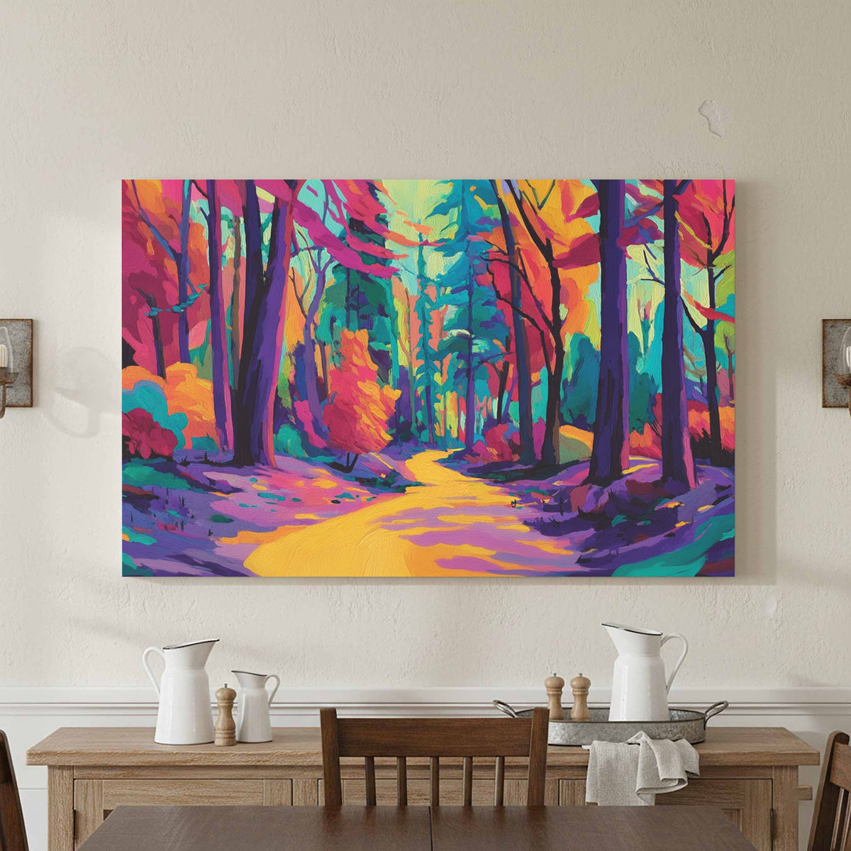 Colorful Forest Path Canvas Art – styled room view 4