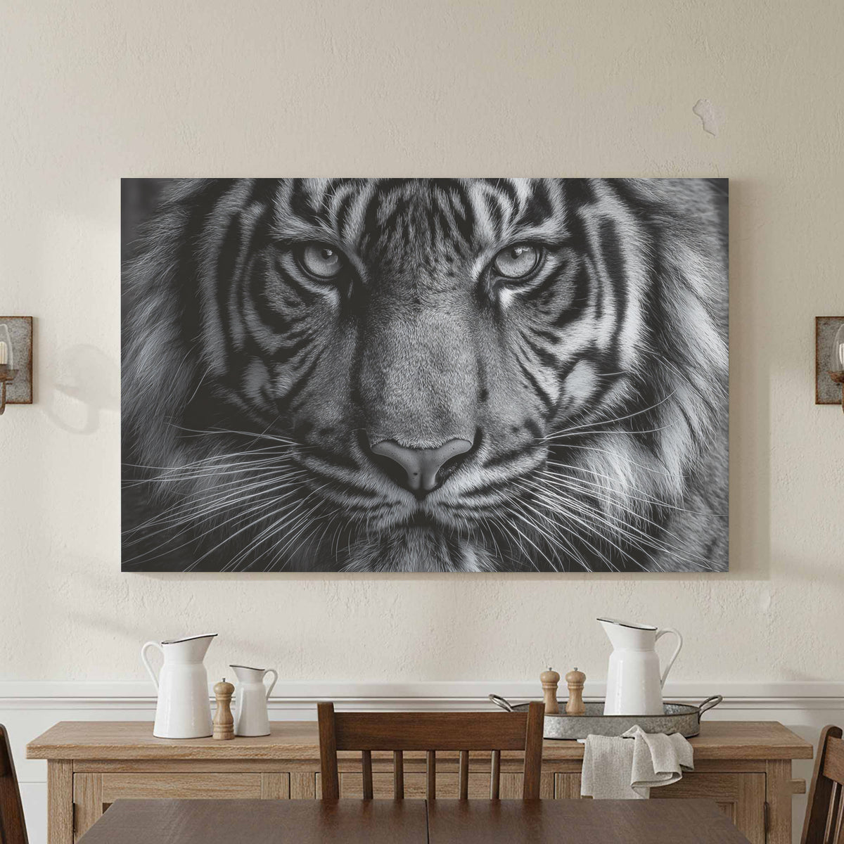 Bengal Tiger Portrait Canvas Art – canvas print shown framed in a styled room