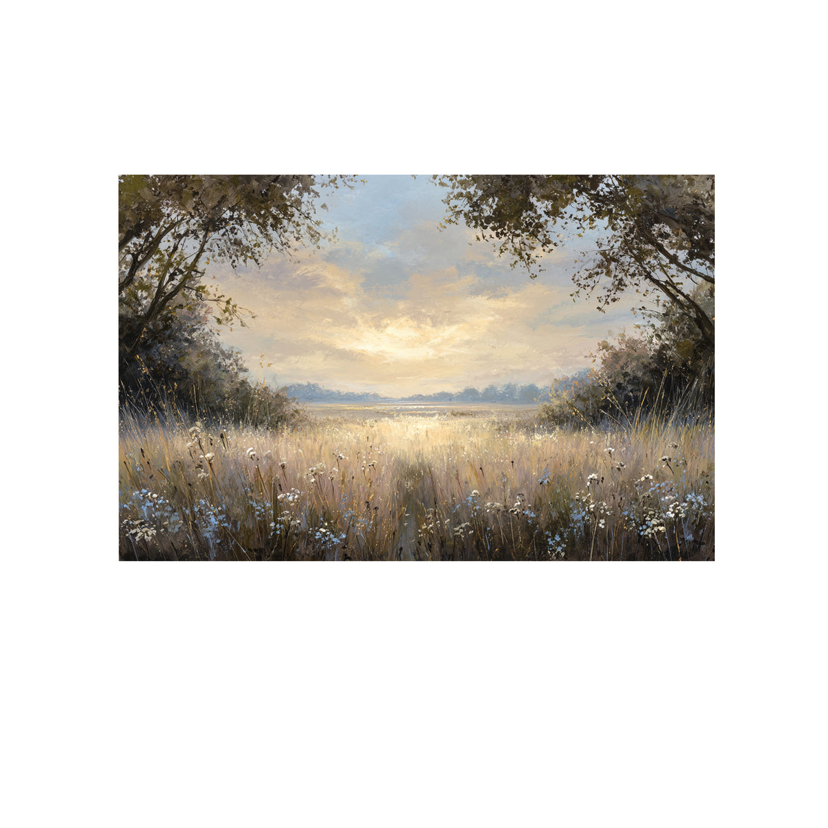 Sunlit Meadow Landscape Canvas Wall Art – styled room view 2