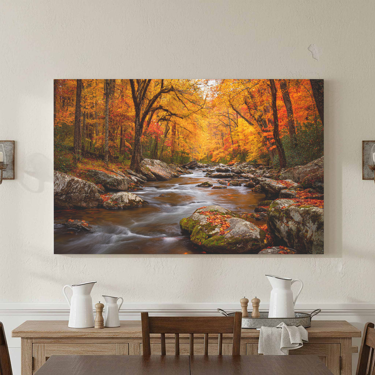 Autumn Forest Stream Canvas Wall Art – styled room view 3