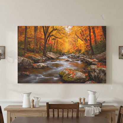 Autumn Forest Stream Canvas Wall Art – styled room view 3