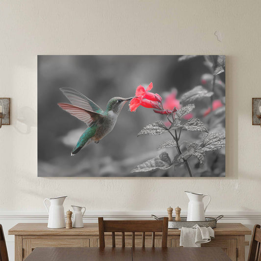 Hummingbird Red Flower Canvas Wall Art – canvas print shown framed in a styled room