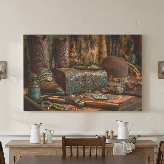Western Cowboy Boots Canvas Wall Art – canvas print shown framed in a styled room
