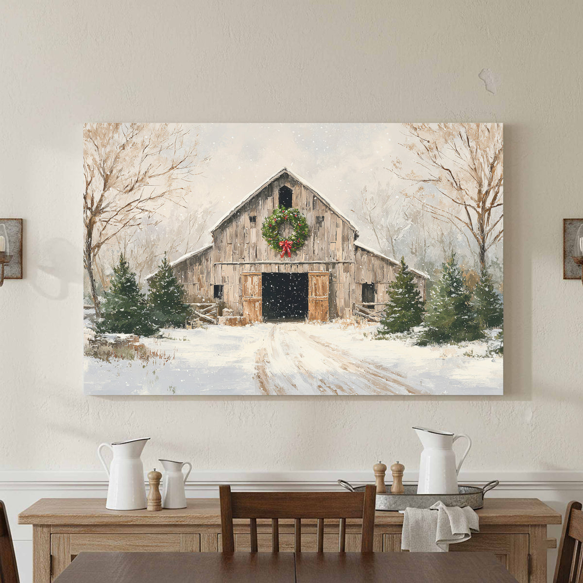 Christmas Barn Canvas Wall Art – styled room view 4