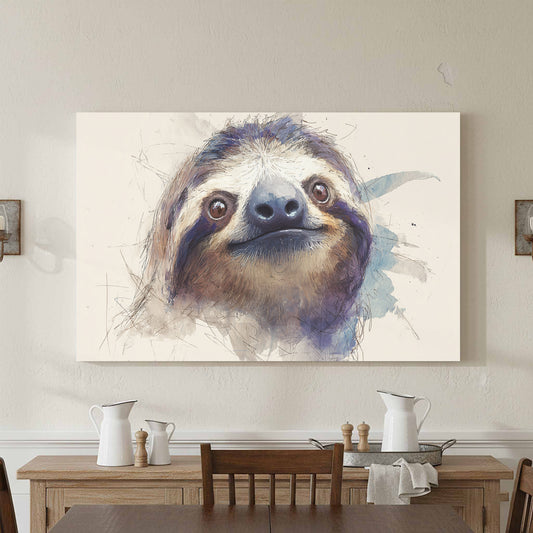 Sloth Wall Art Print – canvas print shown framed in a styled room