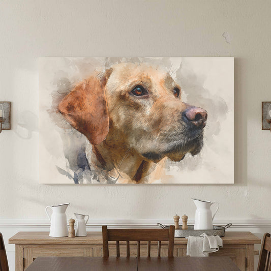 Watercolor Labrador Dog Portrait Canvas Print – canvas print shown framed in a styled room