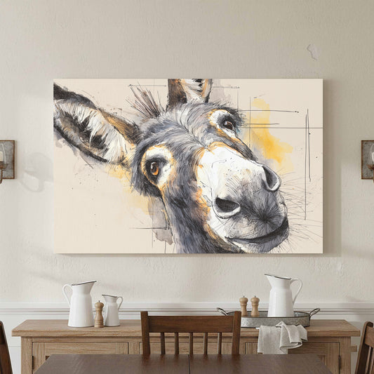Rustic Donkey Portrait Canvas Wall Art – canvas print shown framed in a styled room