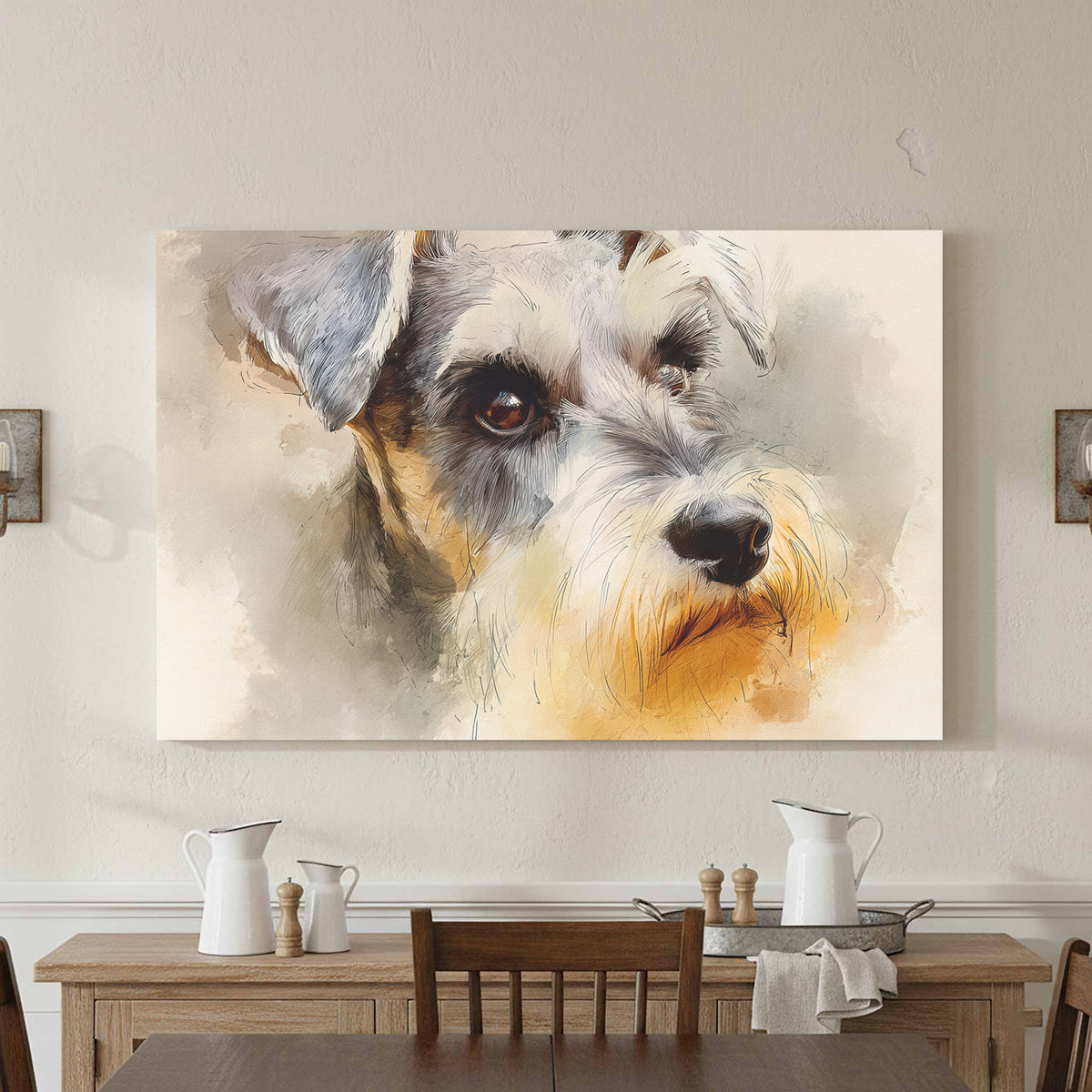 Miniature Schnauzer Canvas Art – canvas print shown framed in a styled room