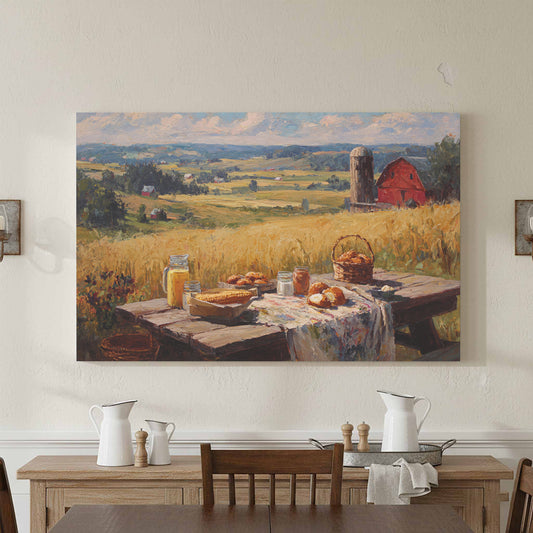 Midwest Farmhouse Still Life Canvas Print – canvas print shown framed in a styled room