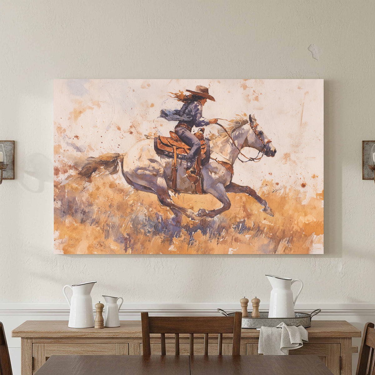 Western Cowgirl Watercolor Canvas Wall Art – styled room view 4