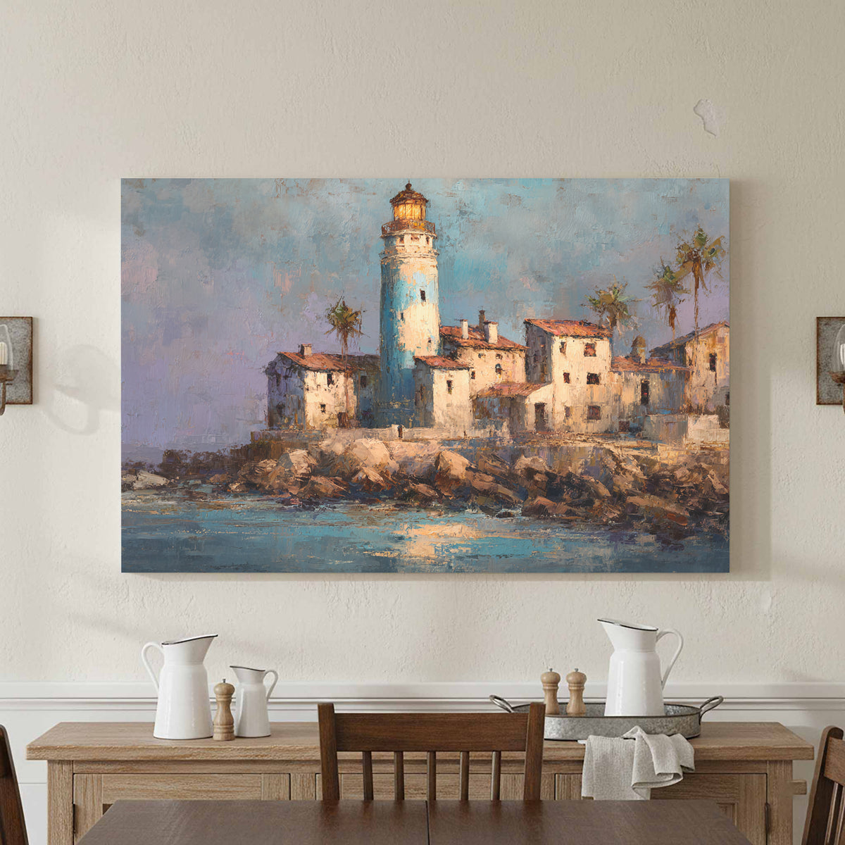 Santa Marta Lighthouse Oil Painting – styled room view 3
