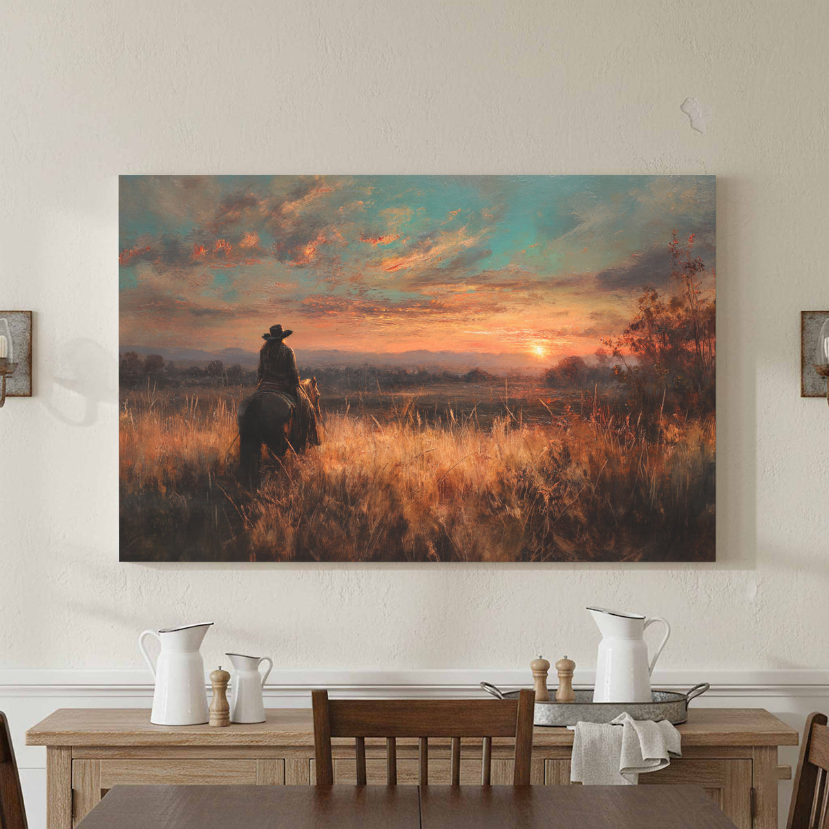 Western Cowboy Sunset Canvas Wall Art – styled room view 3