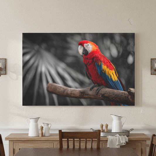 Scarlet Macaw Canvas Wall Art – canvas print shown framed in a styled room