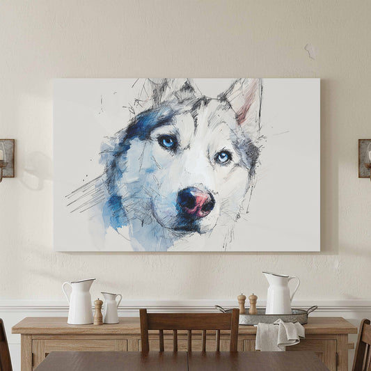 Siberian Husky Watercolor Canvas Print – canvas print shown framed in a styled room