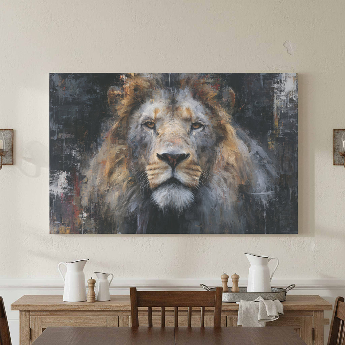 Modern Lion Portrait Canvas Wall Art – styled room view 2
