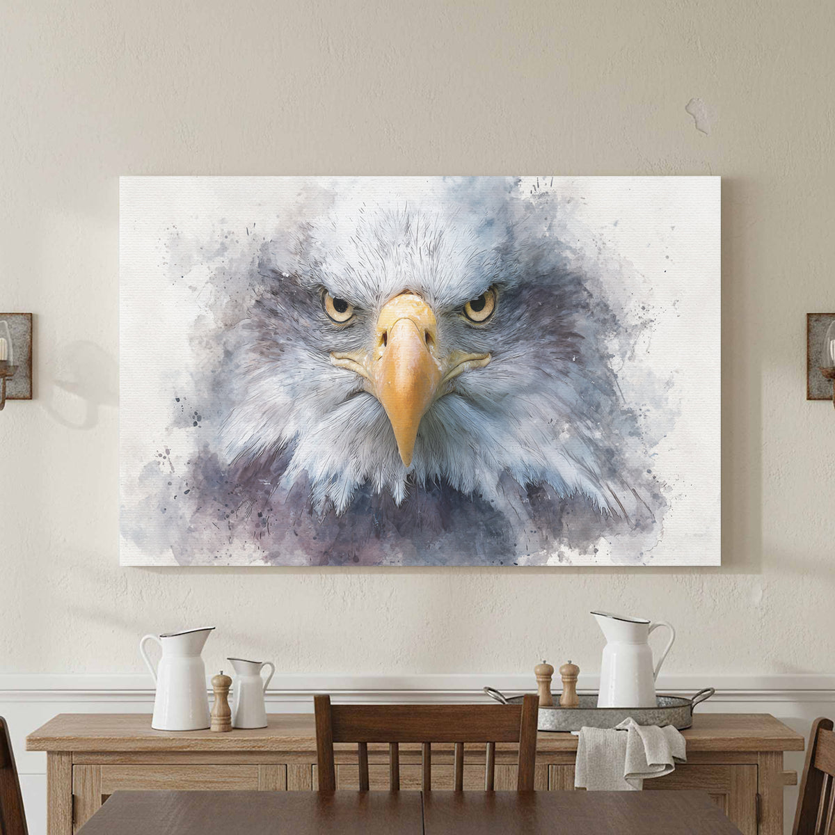 Bald Eagle Watercolor Canvas Print – styled room view 2
