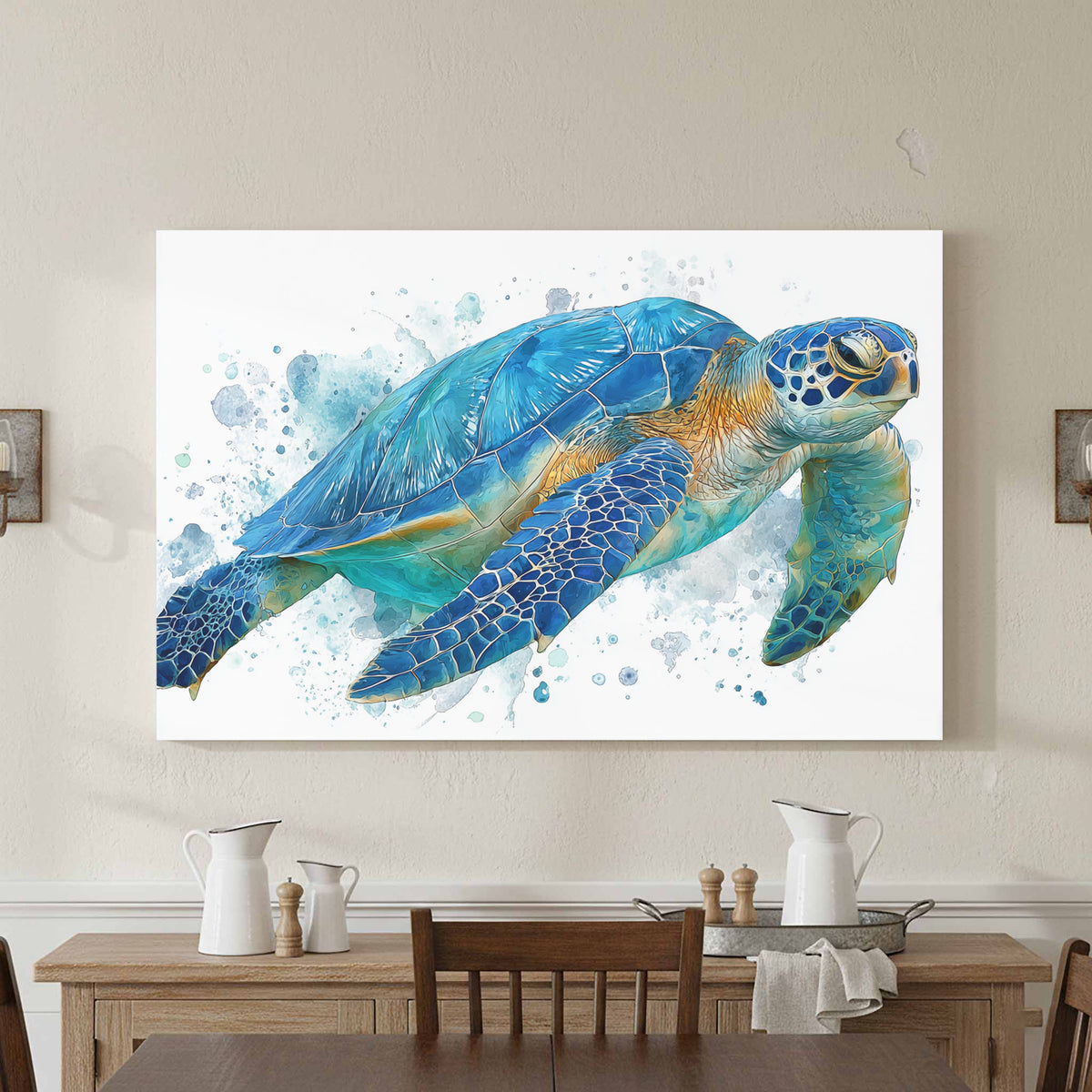 Blue Sea Turtle Watercolor Canvas Print – styled room view 3