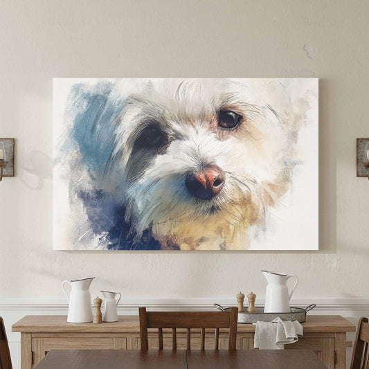 Maltese Dog Portrait Canvas Print – canvas print shown framed in a styled room