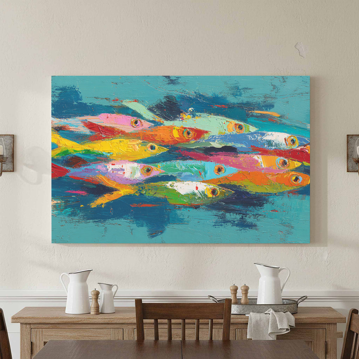 Abstract Fish School Canvas Art – styled room view 4