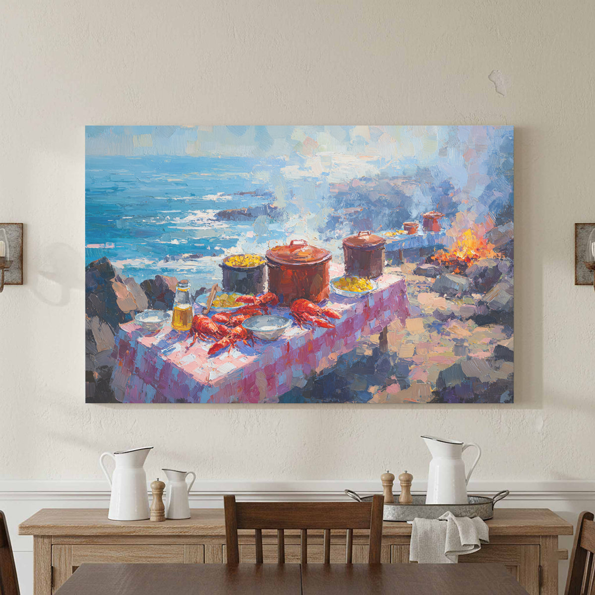 Coastal Lobster Feast Canvas Art – styled room view 2