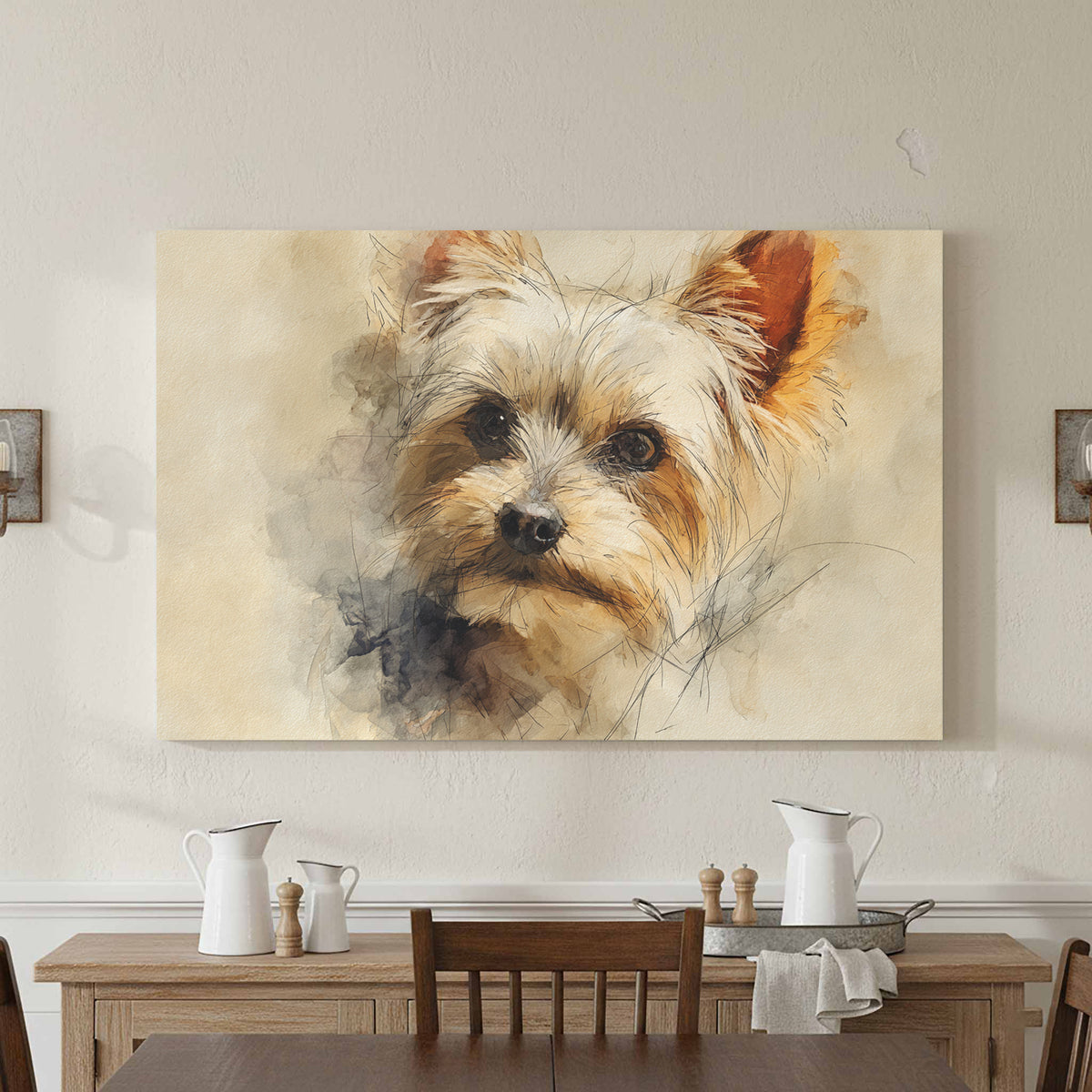 Yorkshire Terrier Watercolor Canvas Print – canvas print shown framed in a styled room