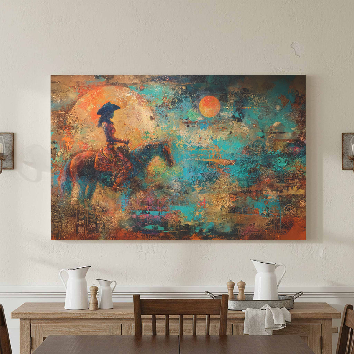 Western Cowgirl Witch Abstract Canvas Art – styled room view 5