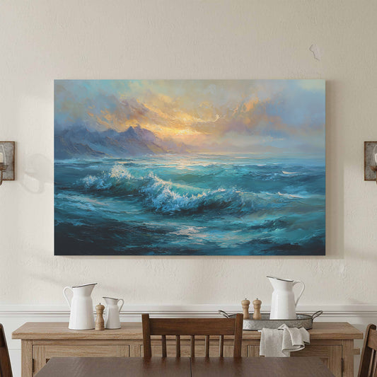 Dramatic Ocean Waves Canvas Wall Art – canvas print shown framed in a styled room