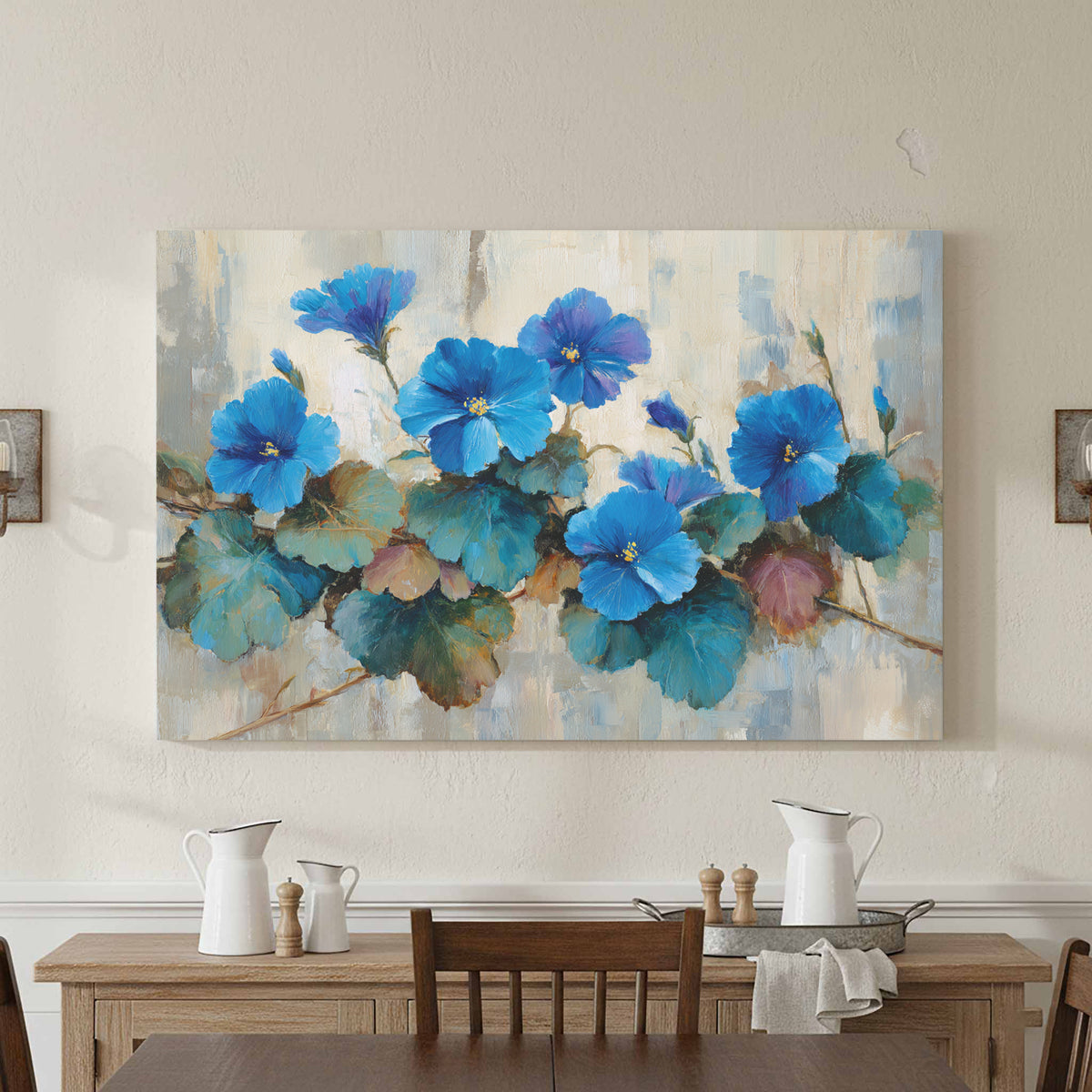 Blue Floral Canvas Wall Art – styled room view 3