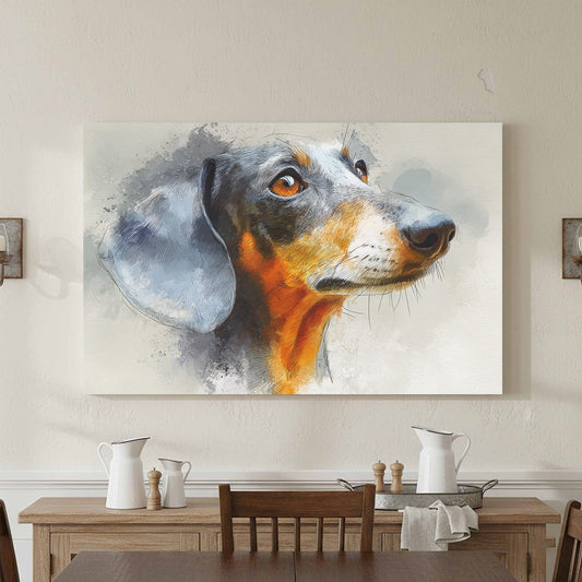 Dachshund Dog Portrait Canvas Art – canvas print shown framed in a styled room
