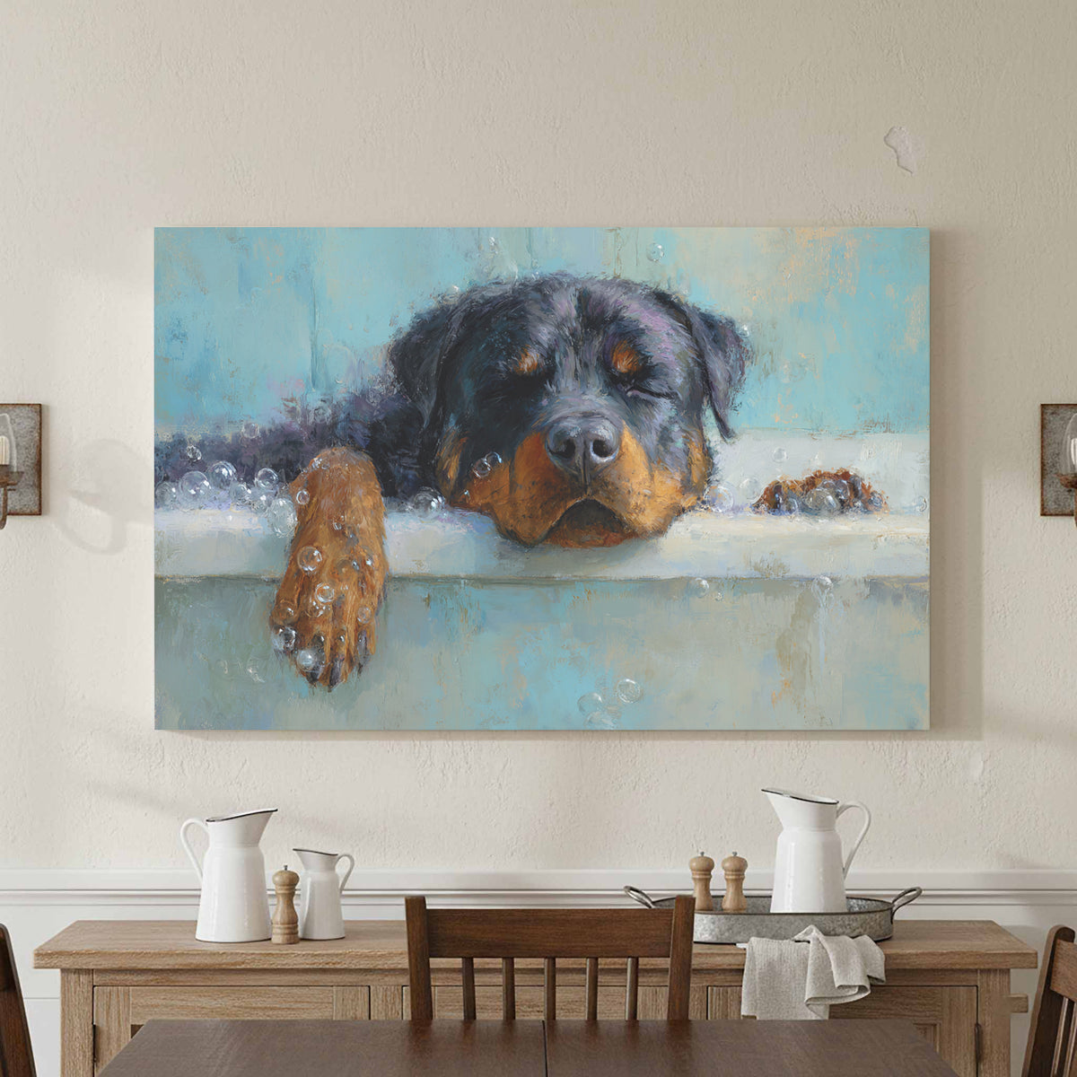 Rottweiler Bath Time Art Print – canvas print shown framed in a styled room